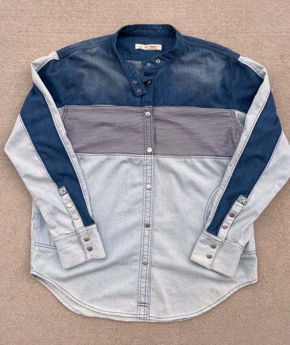 Free People We The Free Moto Colorblock Denim Shirt Small Blue
